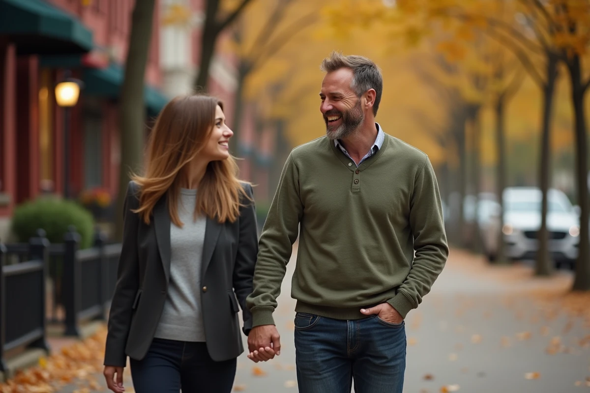 Homme dans la quarantaine riant naturellement avec une femme pendant une promenade urbaine en automne, signes d'attirance et de complicité