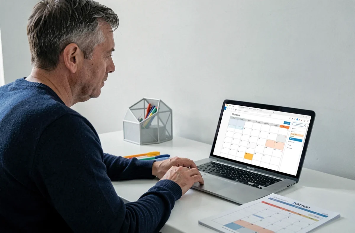 Homme comparant un planning mensuel numérique sur laptop et sa version imprimée sur un bureau minimaliste