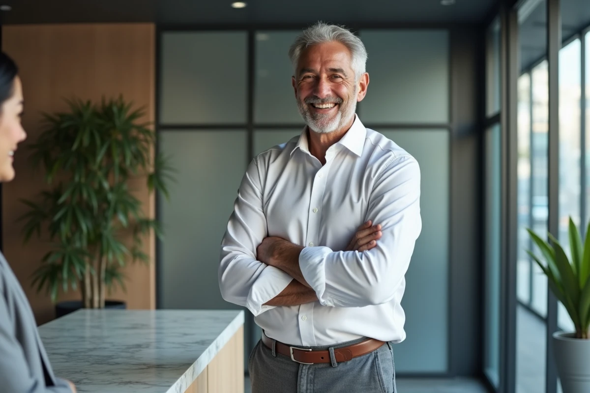 Homme distingué aux tempes grisonnantes souriant à une collègue dans un bureau moderne, signes d'attirance au travail entre générations