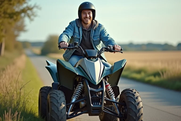 Homme souriant sur quad 50cc en campagne