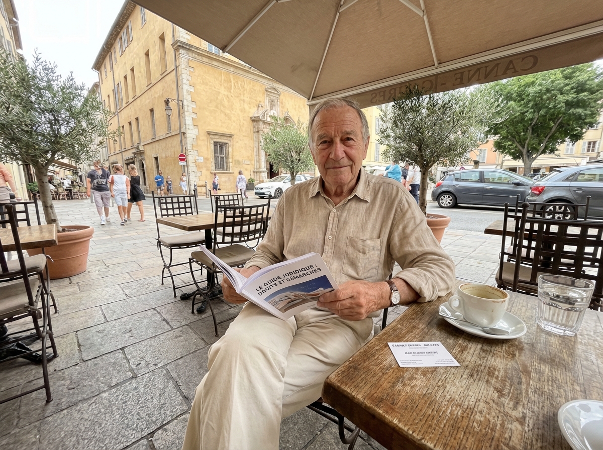 Homme âgé détendu lisant brochure juridique à Cannes