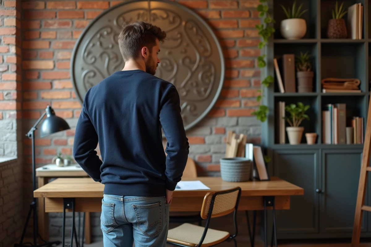 Jeune homme examinant une sculpture en métal dans un bureau chaleureux