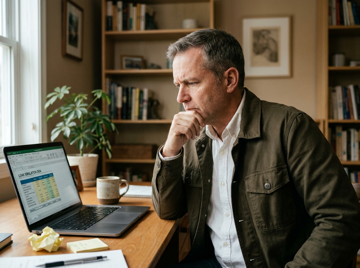 Homme analysant une simulation de regroupement de prêts sur son ordinateur portable à son bureau à domicile