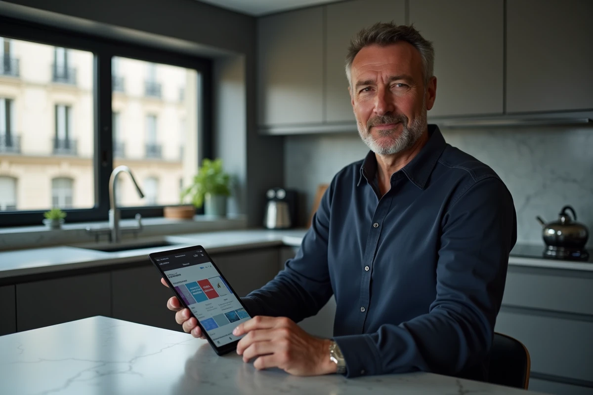 Homme consultant une application de streaming française sur tablette dans une cuisine moderne avec vue sur Paris