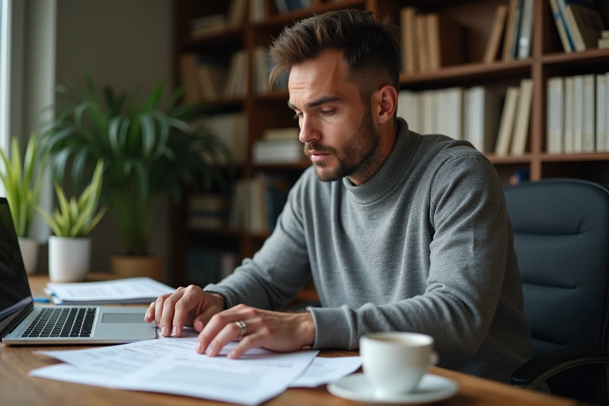 Homme travaillant sur une facture dans son bureau à domicile