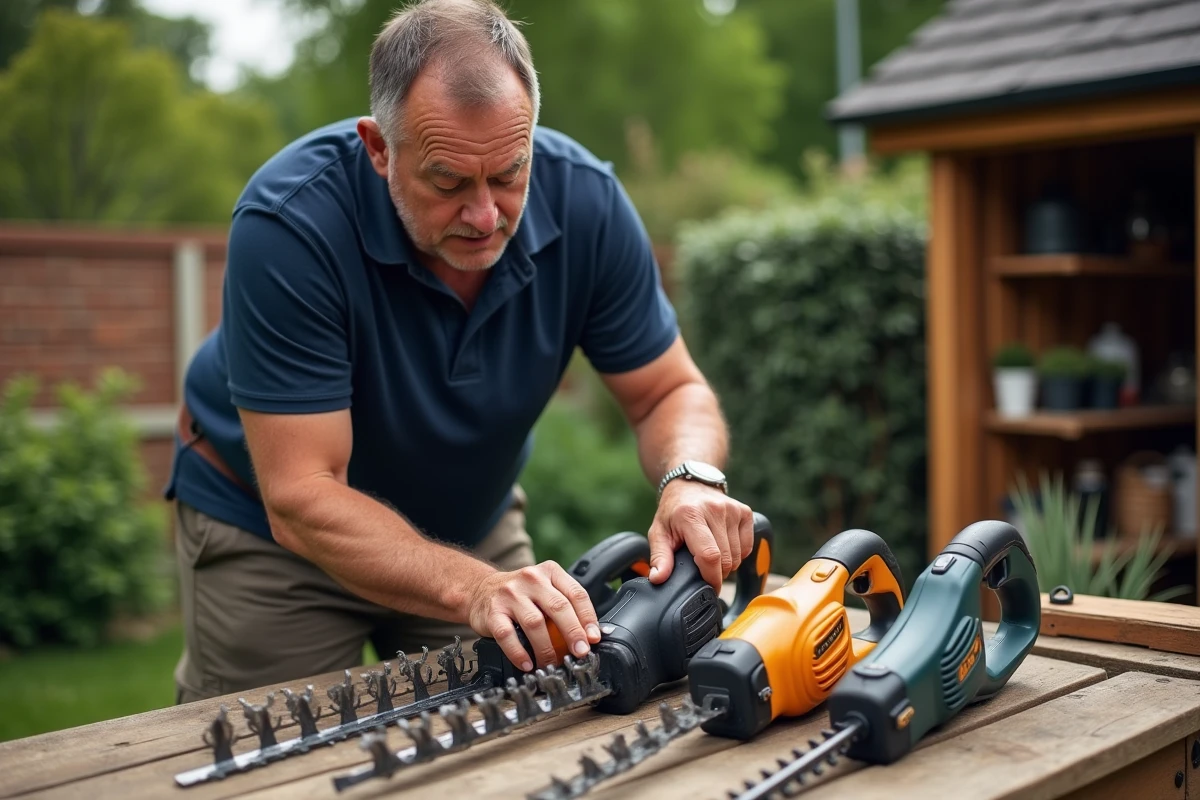 Homme inspectant des outils de jardinage sur un établi