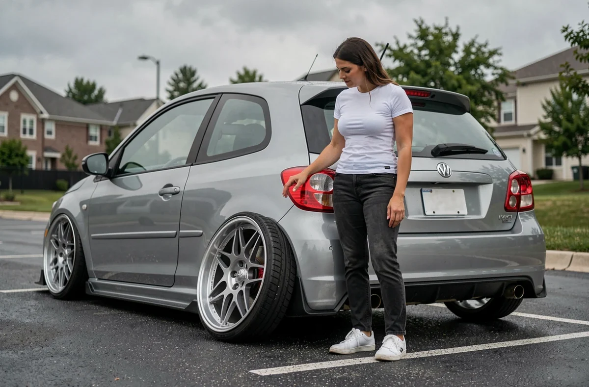Femme inspectant des jantes aftermarket pour personnaliser son véhicule dans un parking urbain
