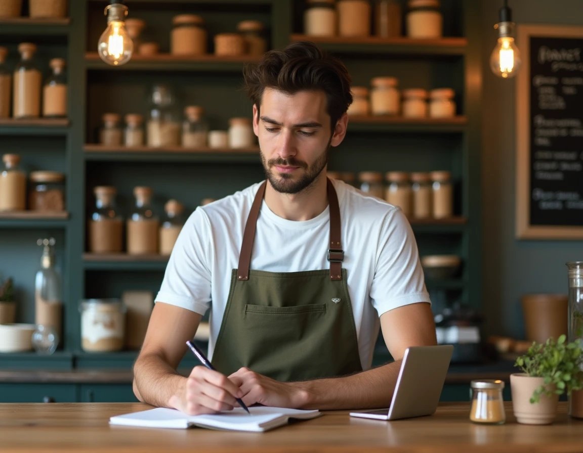 Jeune artisan gérant sa petite entreprise en consultant son smartphone et prenant des notes dans sa boutique