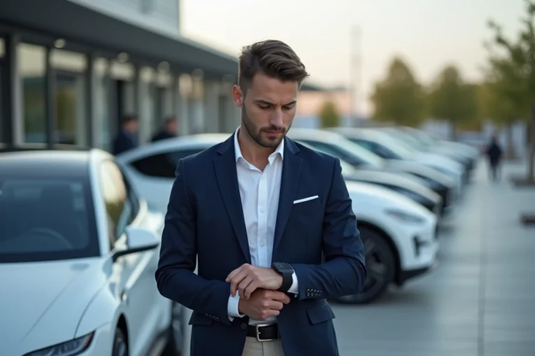 Jeune homme professionnel devant voitures électriques modernes