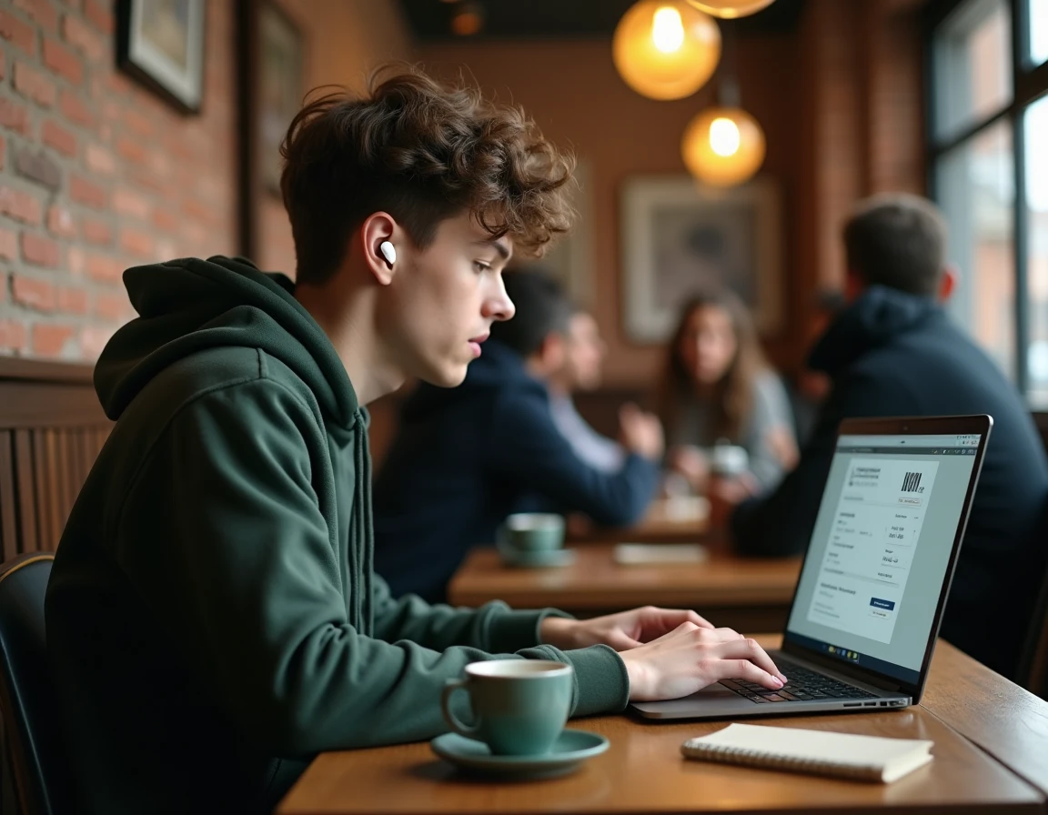 Jeune personne utilisant un VPN sur ordinateur portable dans un café public pour sécuriser sa connexion sur un réseau Wi-Fi partagé