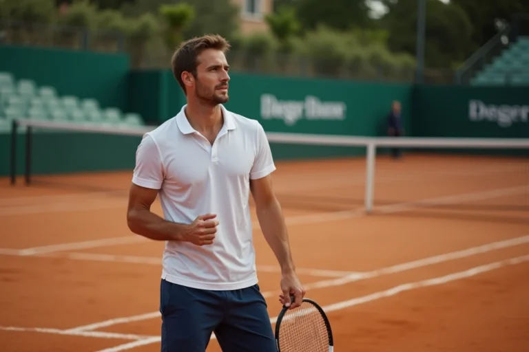 Joueur de tennis masculin concentré sur un court en terre battue lors d'un match officiel TMC