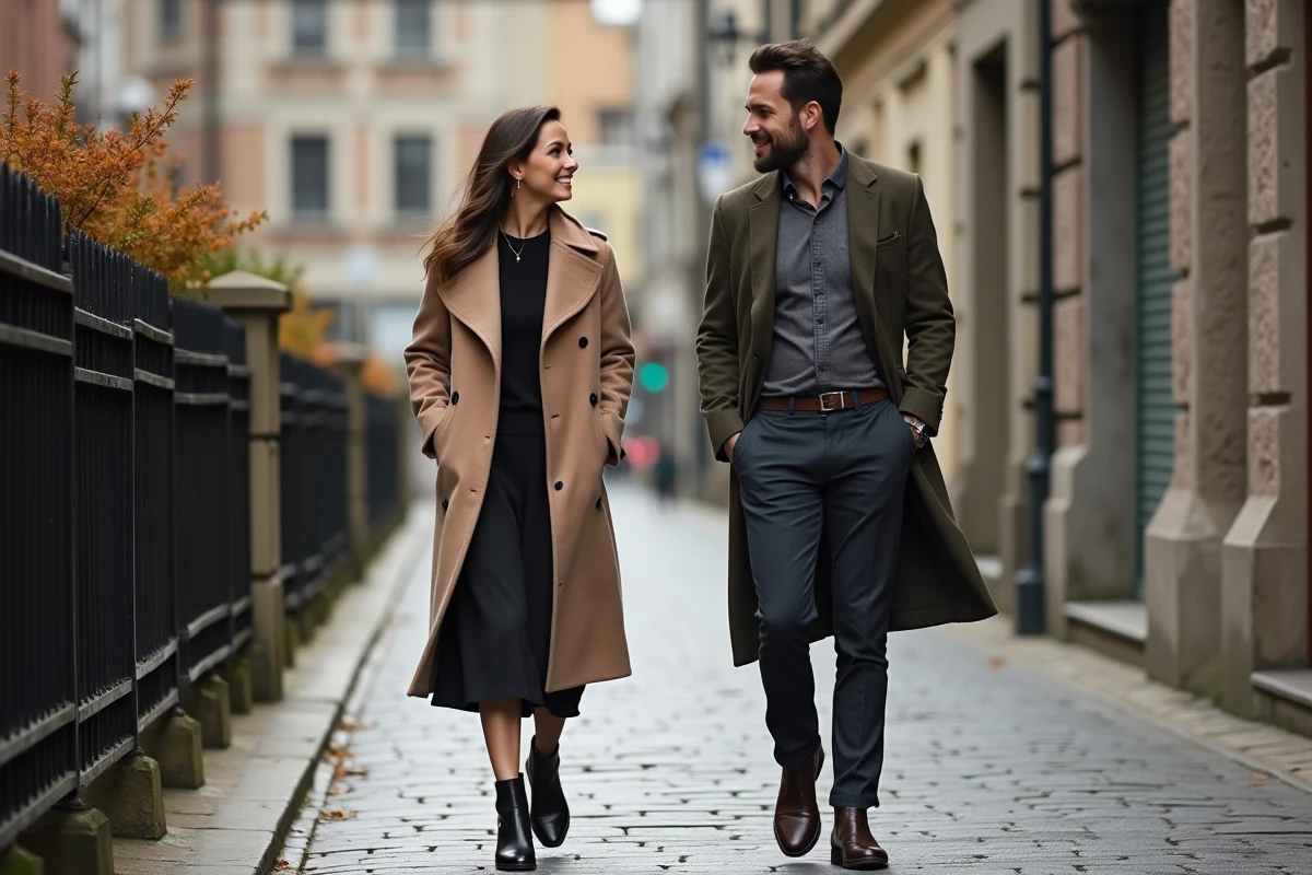 Couple se promenant dans une rue pavée européenne en automne, tenues élégantes et attitude décontractée pour illustrer une vie de couple publique et discrète