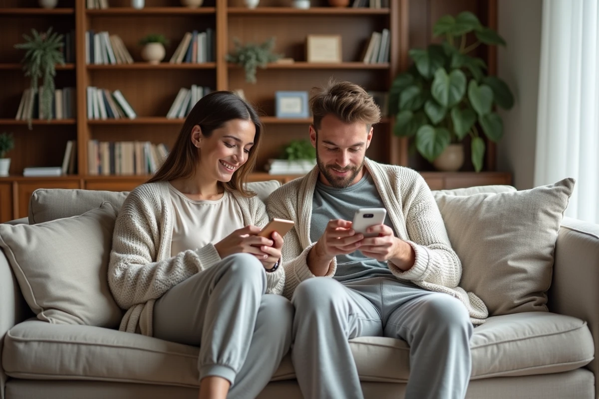 Couple détendu dans un salon moderne et chaleureux, scène de vie quotidienne intime et authentique illustrant une relation complice et discrète