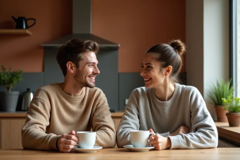 Un couple complice partageant un moment de café matinal dans un appartement cosy, ambiance de vie quotidienne apaisée