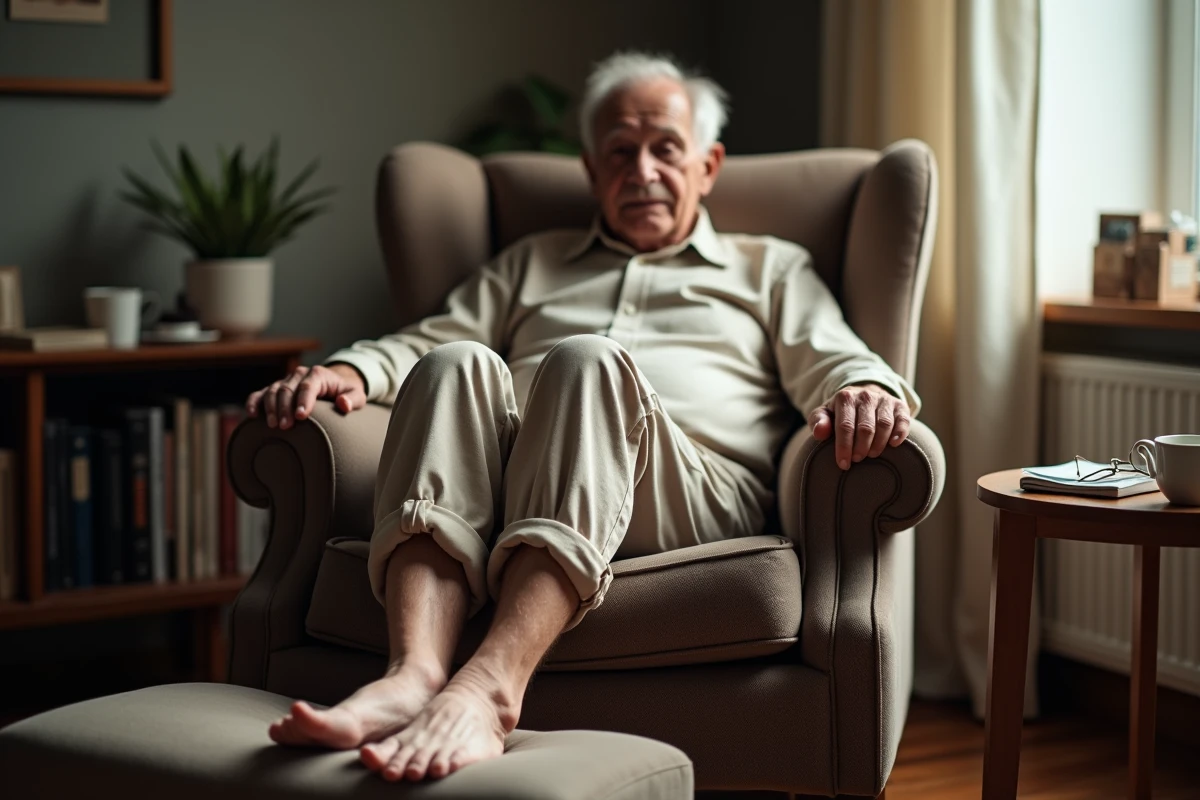 Personne âgée au repos avec marbrures visibles sur les jambes dans un cadre domestique