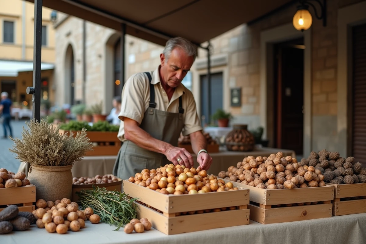 Marché artisanal en plein air sur la piazza de Pietra d'Alba avec produits locaux du Piémont