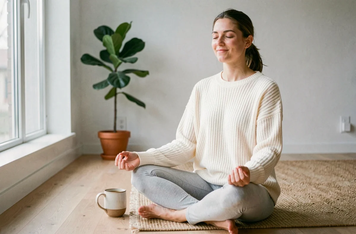 Femme pratiquant la méditation chez elle dans un salon minimaliste scandinave, assise en tailleur sur un parquet clair avec une tasse de thé, illustrant le bien-être quotidien et la pleine conscience