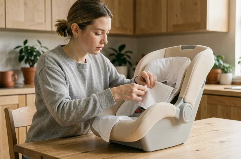 Mère ajustant le réducteur en tissu d'un cosy bébé posé sur une table en bois dans une cuisine scandinave