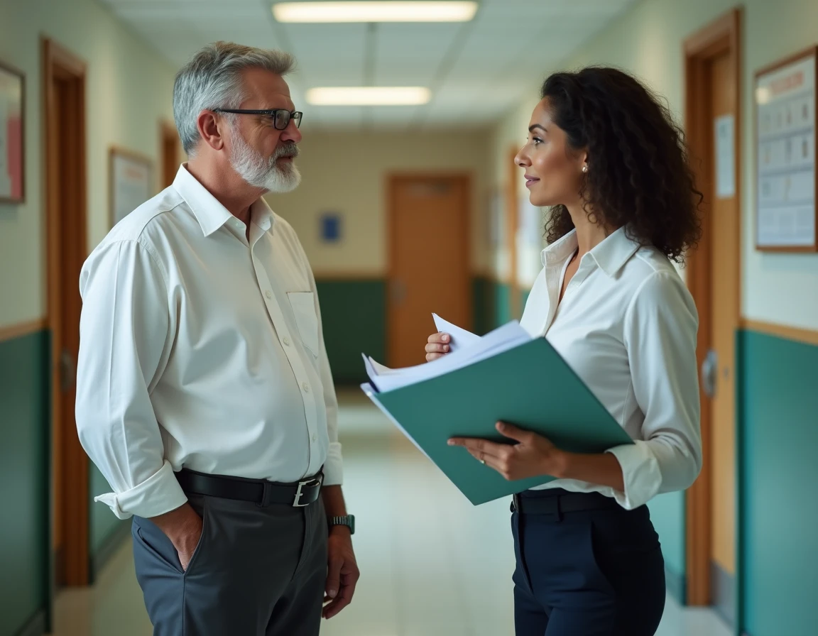 Parent discutant des démarches administratives de retrait scolaire avec un responsable d'établissement
