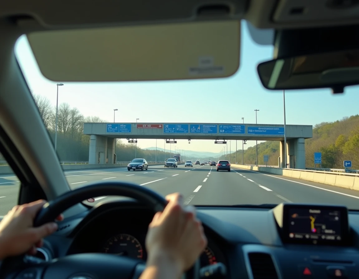 Vue depuis l'intérieur d'un véhicule approchant un péage d'autoroute en France avec voies gratuites signalisées
