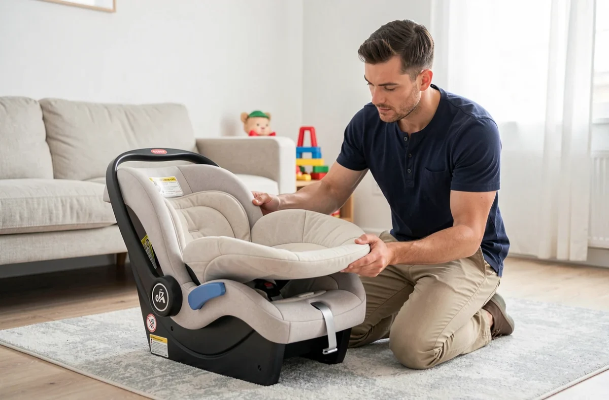 Père tenant le réducteur d'un cosy bébé pour évaluer le bon moment pour le retirer dans un salon lumineux