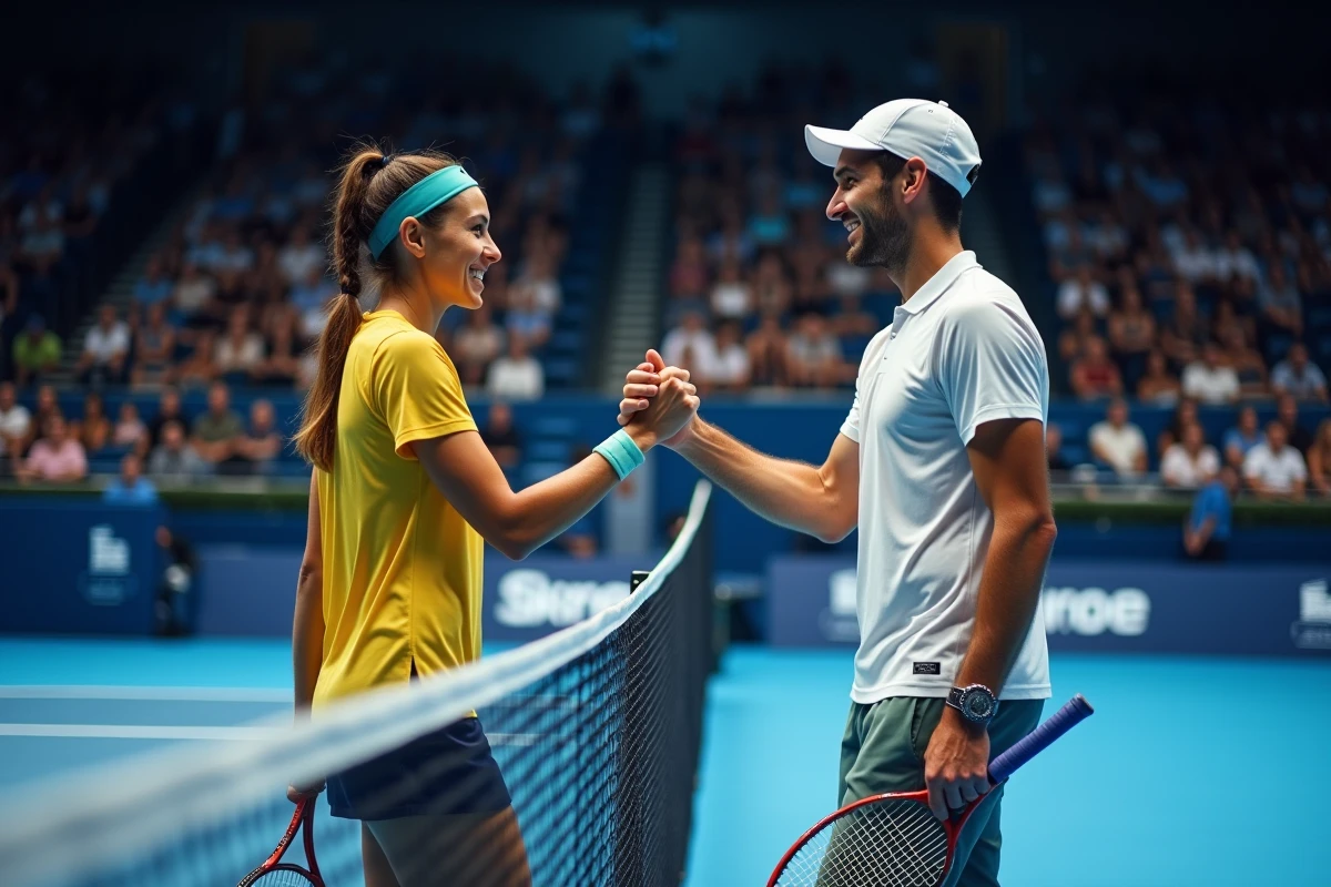 Deux joueurs de tennis se serrant la main au filet après un match TMC en salle