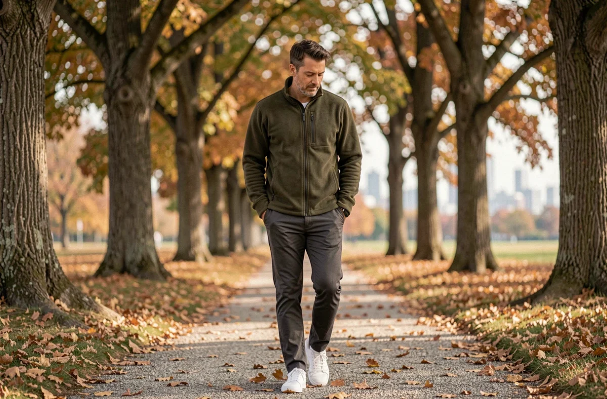 Homme se promenant seul dans un parc en automne parmi les feuilles dorées, les mains dans les poches, illustrant une routine bien-être simple et ressourçante en plein air
