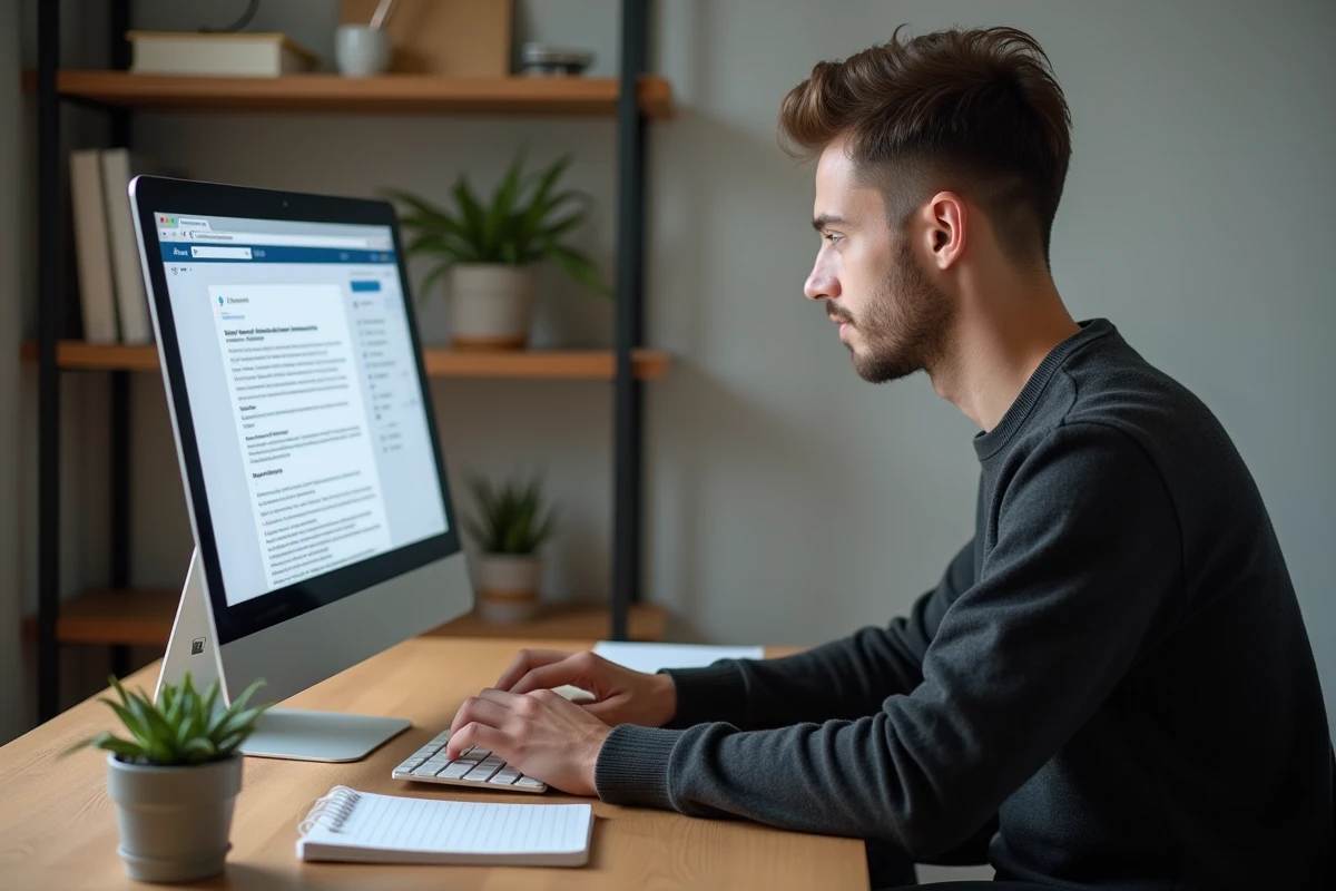 Professionnel en prospection digitale sur LinkedIn depuis un bureau à domicile, rédigeant des messages de démarchage commercial