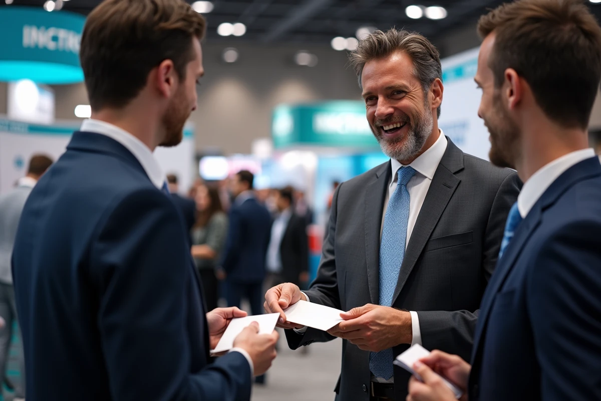 Commercial en prospection lors d'un salon professionnel, échangeant des cartes de visite avec des prospects B2B
