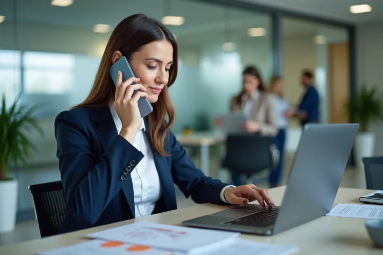 Commerciale en prospection téléphonique dans un bureau moderne, consultant un CRM sur son ordinateur portable