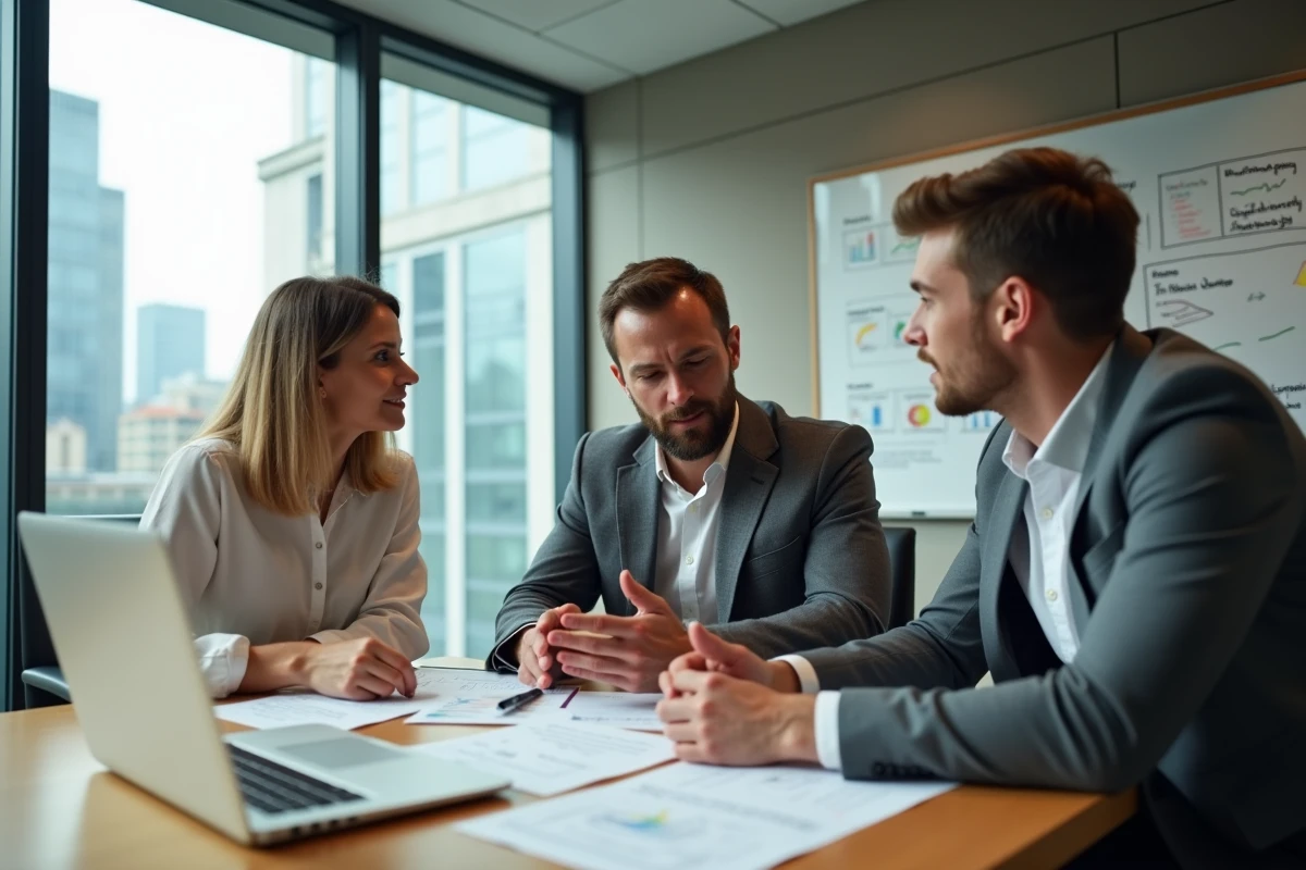 Équipe de professionnels en réunion B2B autour d'une table de conférence avec documents et ordinateur portable