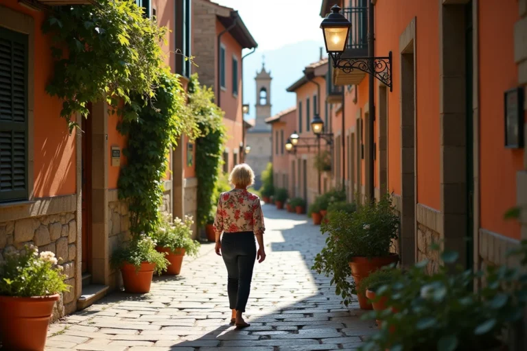 Ruelle pavée pittoresque de Pietra d'Alba avec ses façades en pierre et un clocher en arrière-plan