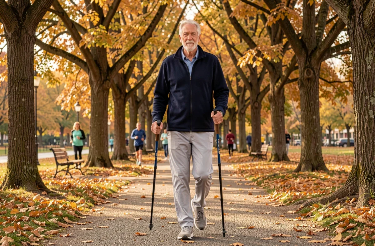Un homme senior actif pratiquant la marche nordique dans un parc en automne, symbole de l'activité physique pour le bien-être des seniors