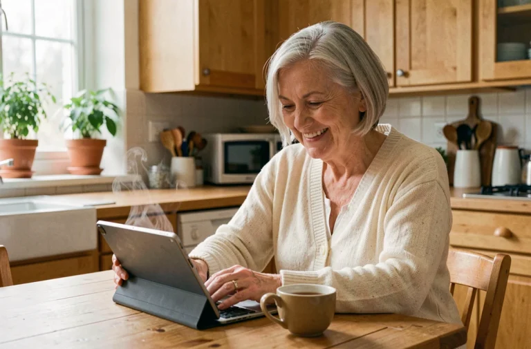 Une senior souriante utilisant une tablette numérique dans sa cuisine, illustrant les solutions technologiques pour le bien-être des personnes âgées