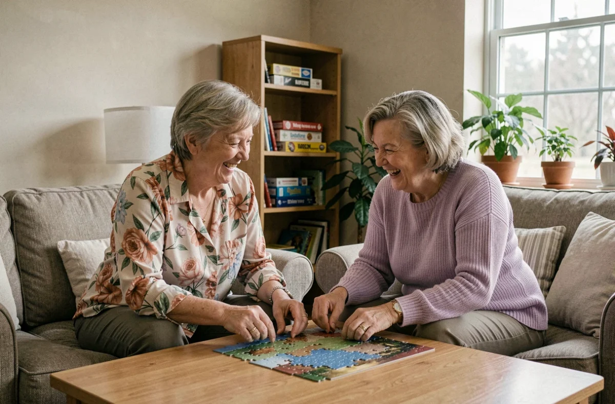 Deux femmes seniors partageant un moment convivial autour d'un puzzle dans une résidence pour personnes âgées, illustrant le lien social et le bien-être au quotidien