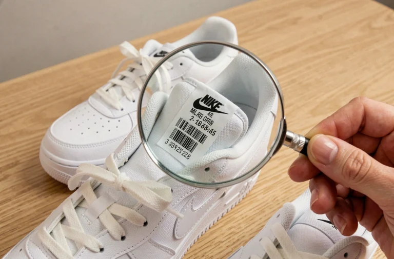 Gros plan sur l'étiquette intérieure d'une Nike Air Force 1 blanche avec numéro de série visible et loupe tenue par une main