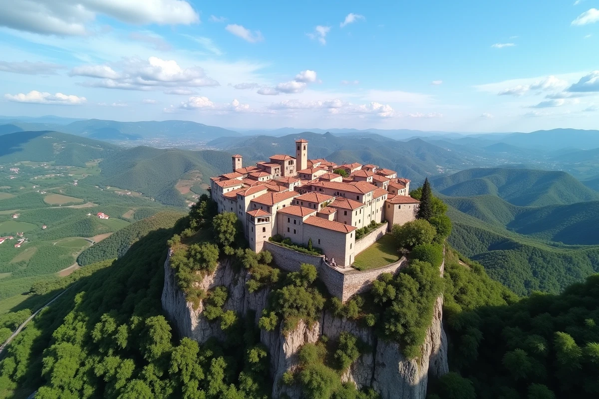 Vue panoramique du village perché de Pietra d'Alba sur les collines des Langhe en Piémont